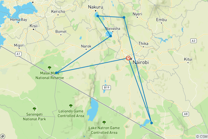 Carte du circuit 10 jours de safari familial de luxe au Kenya