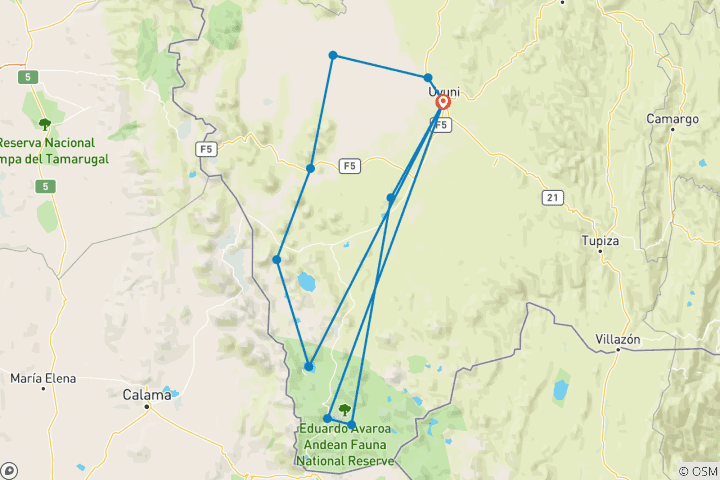 Map of 3-Day Salt Flats and Colored Lagoons Tour from Uyuni