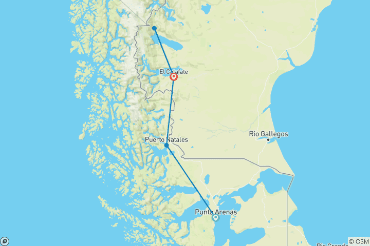 Karte von Endecken Sie das Beste aus Torres del Paine & El Chalten inkl. Moreno-Gletscher und El Calafate Trekking Tour - 9 Tage