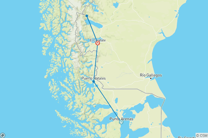 Carte du circuit 9 jours de Trek pour découvrir le meilleur de Torres del Paine et El Chalten, avec une visite au glacier Moreno @ El Calafate