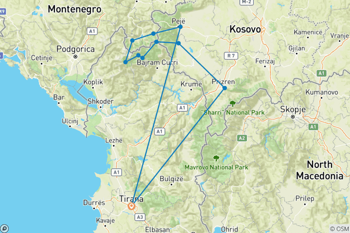 Carte du circuit Trek des trois pays des Balkans