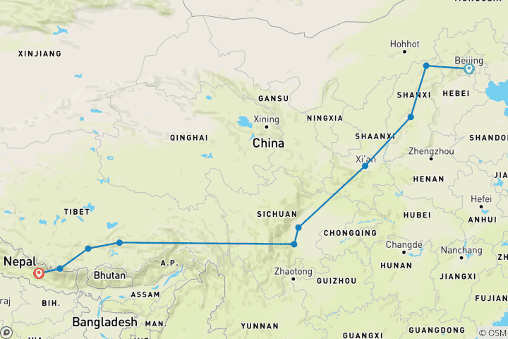 Mapa de China, Tíbet y Nepal circuito en grupo por tierra