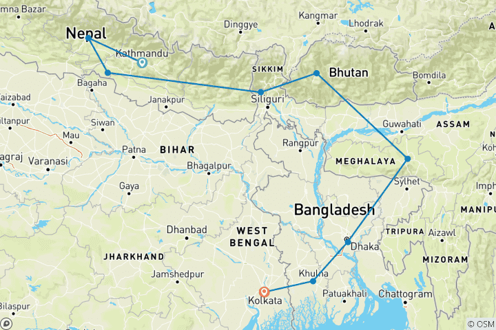 Karte von Kathmandu nach Kolkata Überlandreise (Gruppenreise)