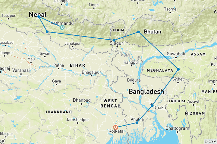 Map of Kathmandu to Kolkata Group Overland Tour