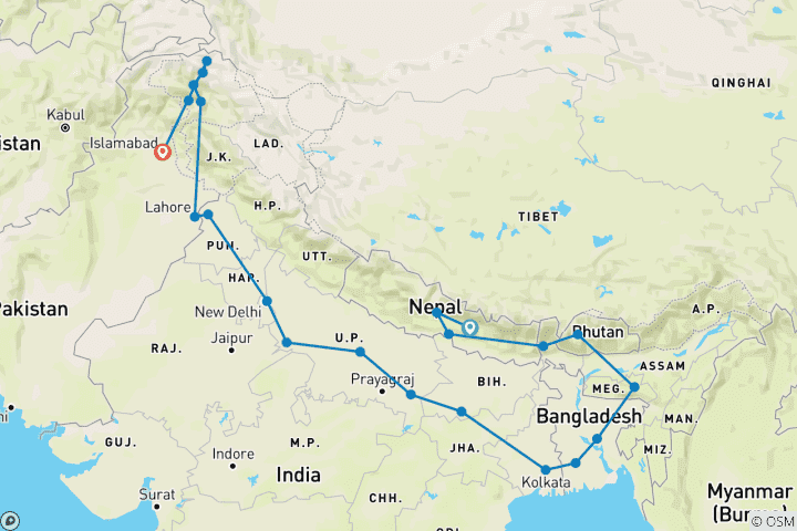 Map of Kathmandu to Islamabad Group Overland Tour