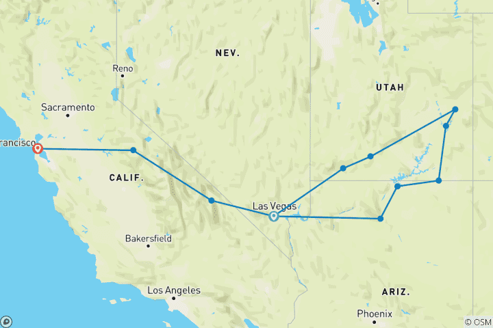 Mapa de Lo mejor del oeste circuito de 11 días por los parques nacionales alojamiento De Las Vegas a San Francisco