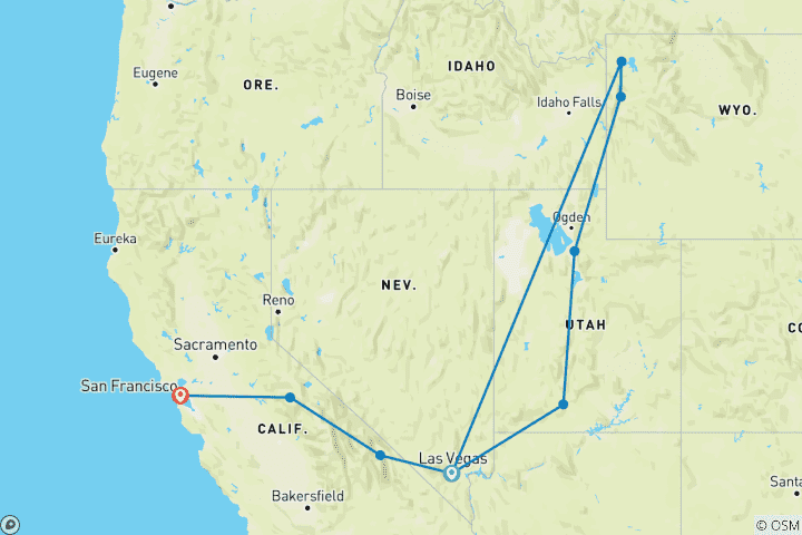 Map of Yellowstone Rocky Mountain and California Desert 11 Day Explorer Camping and Lodging mix