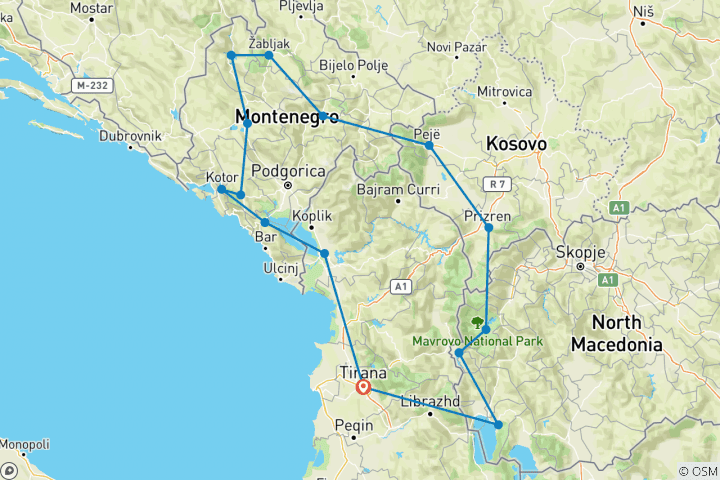 Kaart van Fietstocht door de Balkan – 4 landen – Albanië, Noord-Macedonië, Kosovo & Montenegro