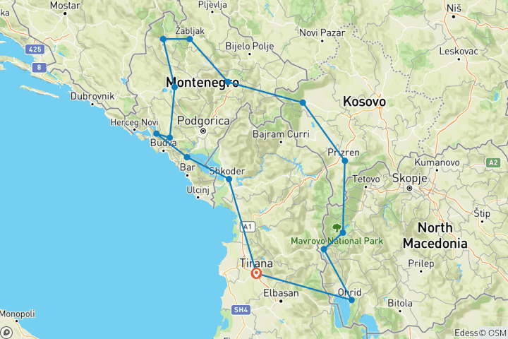 Map of Cycling in the Balkans ( 4 Countries Albania, North Macedonia, Kosovo, Montenegro)