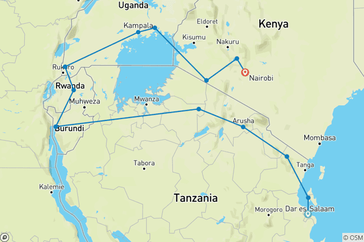 Map of Zanzibar to Nairobi Group Overland Tour