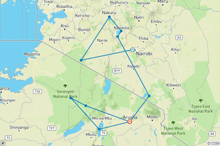 Carte du circuit Safari classique moyen de gamme de 11 jours au Kenya et en Tanzanie