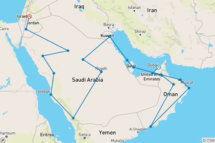 Mapa de Viaje por tierra en grupo a Arabia