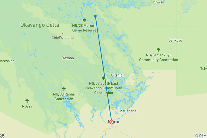 Carte du circuit Safari sous tente de 3 jours dans le delta de l'Okavango et la rivière Boteti