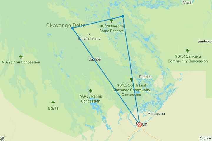 Map of 4-Day Okavango Delta & Boteti River Tented Safari