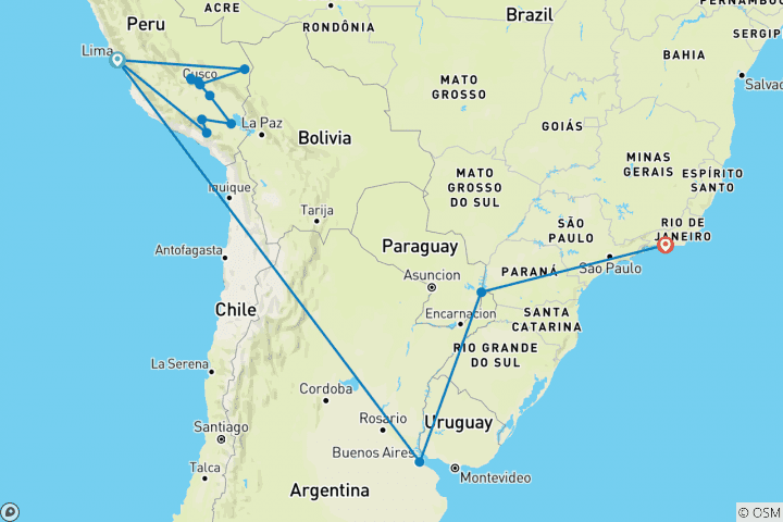 Carte du circuit Amérique du Sud suprême (Train jusqu'au Machu Picchu, 24 jours)