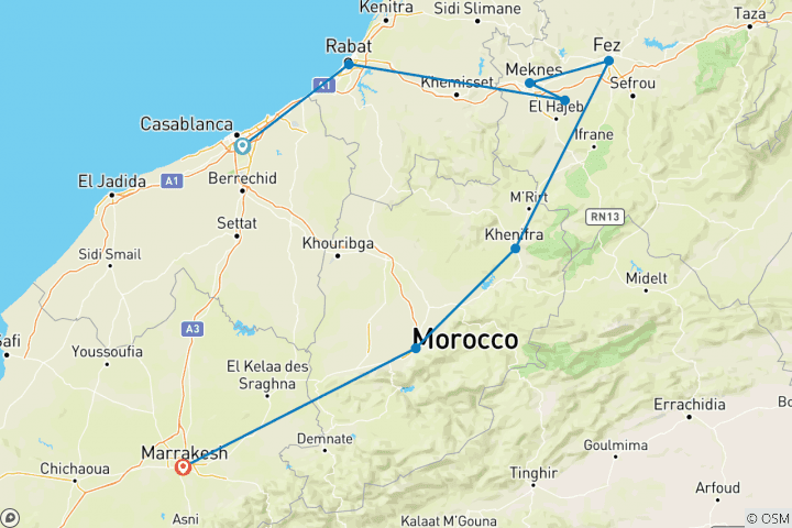 Mapa de 3 días de casablanca a Marrakech visitando Meknes, Volubilis y Fez