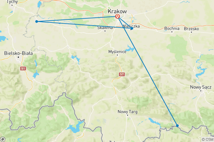 Carte du circuit Cracovie et Szczawnica - circuit privé exclusif pour 3-4 personnes - 6 jours