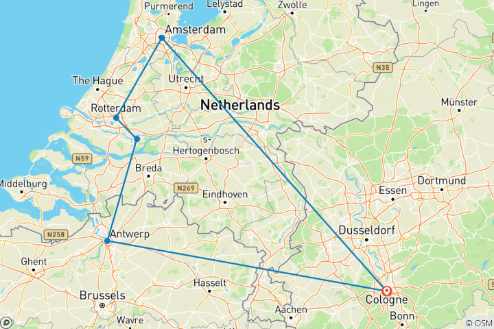 Kaart van Rijnervaring Amsterdam & Rotterdam 2026