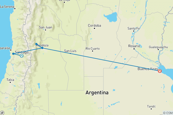 Carte du circuit Expérience unique pour les amateurs de vin dans les vignobles argentins et chiliens de première qualité - 10 jours