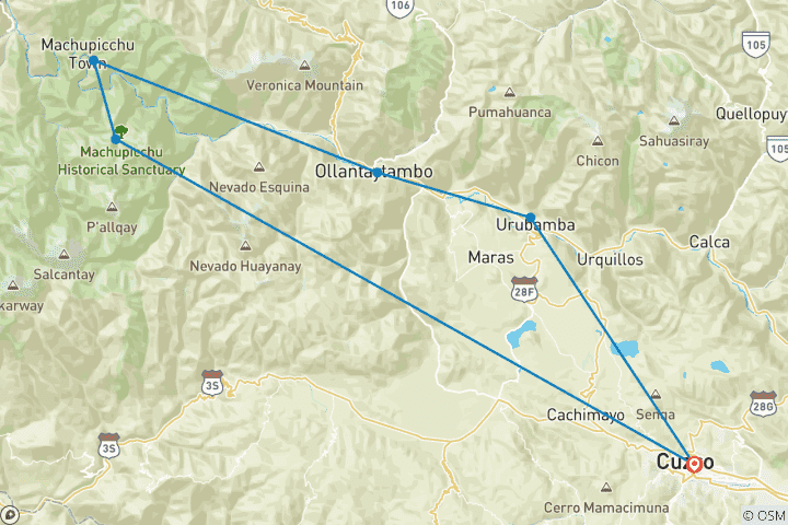 Carte du circuit 4 jours de lune de miel à Cusco