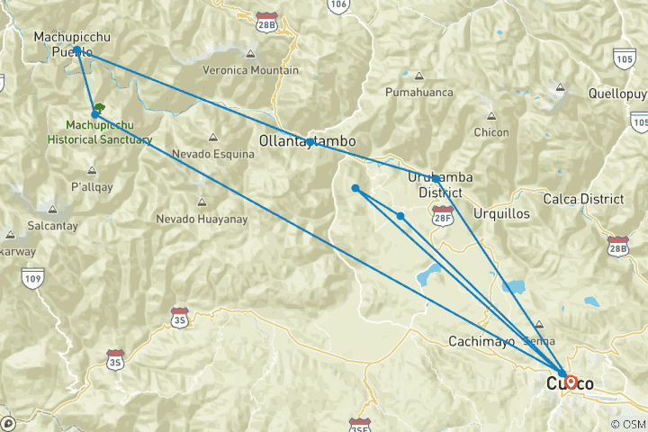 Carte du circuit 6 jours de voyage de noces à Cusco