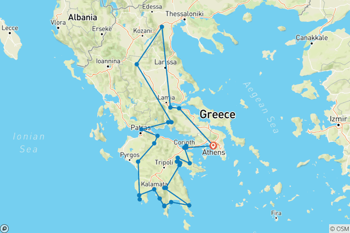 Carte du circuit Grand tour classique de la Grèce avec Mani et Monemvasia (petit groupe - visite guidée approfondie de la culture, de l'histoire, de la nature et de la gastronomie)