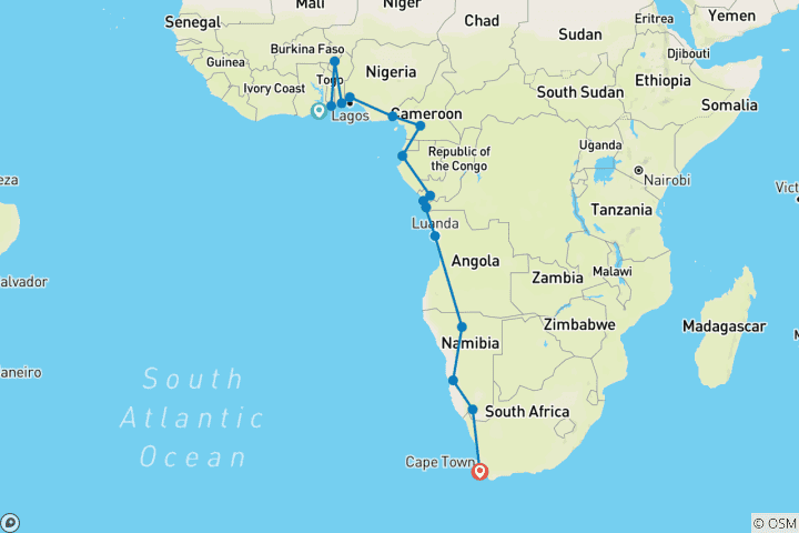 Carte du circuit Circuit terrestre en groupe du Ghana au Cap