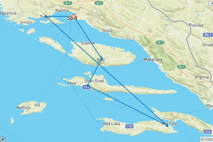 Map of Croatia Island Hopping, 15 Days