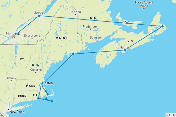 Carte du circuit Boston Cape Cod et les îles - 16 jours