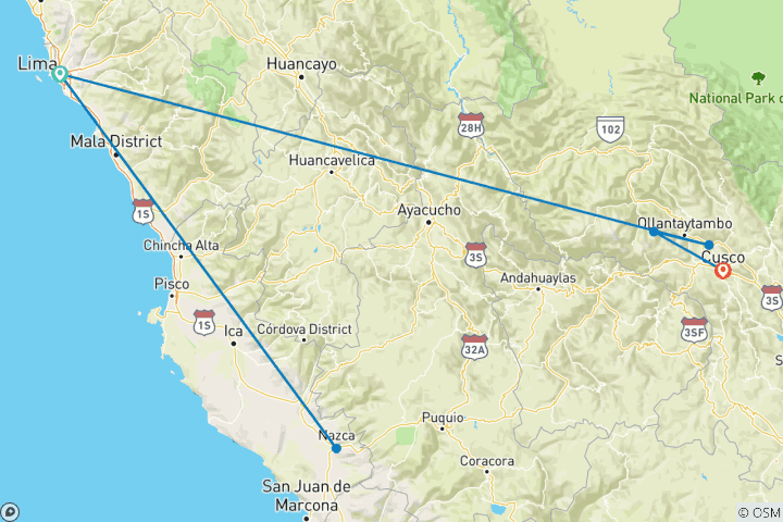 Map of Peru With Machu Picchu (Classic, Base, 10 Days)