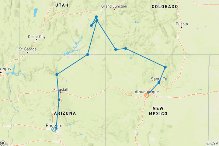 Carte du circuit Pistes colorées du Sud-Ouest (Fin Albuquerque, 10 jours) (14 destinations)