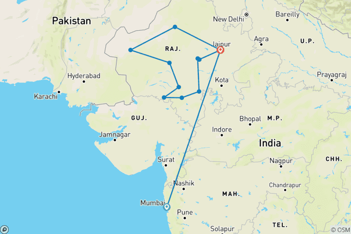 Kaart van Rondreis door Rajasthan met Mumbai