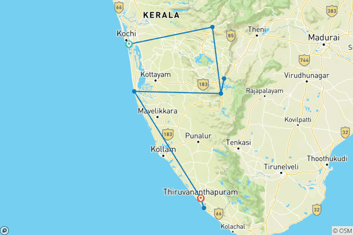 Kaart van Binnenwateren van Kerala en Wildlife Tour