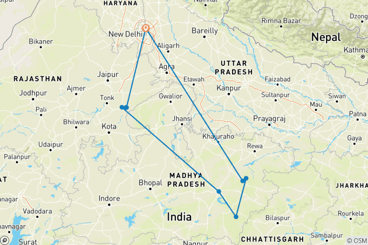 Map of Wildlife Photography Tour India