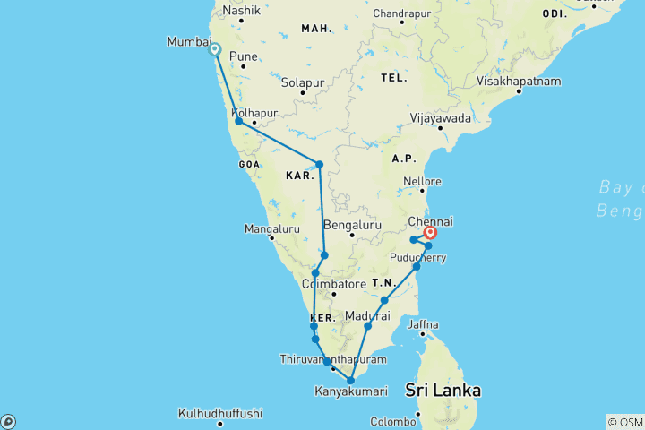 Kaart van Ontdek Mumbai naar Kerala