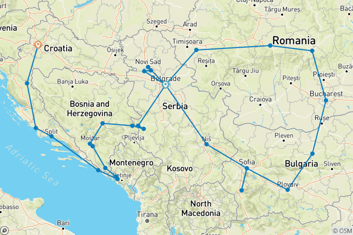 Carte du circuit Privé - Grand cercle des Balkans avec l'Adriatique, 19 jours