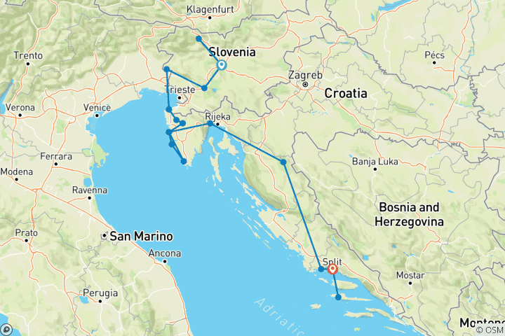Kaart van Kleine groep: Balkan uitgebreid - Ljubljana naar Split
