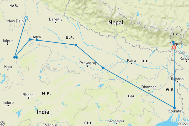 Carte du circuit Safari des tigres en Inde avec visite du Taj Mahal