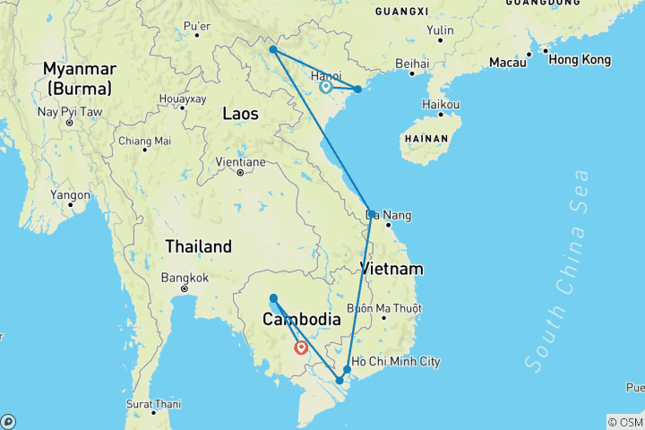 Map of 15-DAY BEST OF VIETNAM AND CAMBODIA TOUR