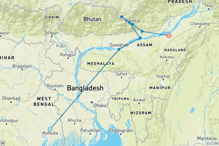 Kaart van Noordoost-Assam en Arunachal rondreis