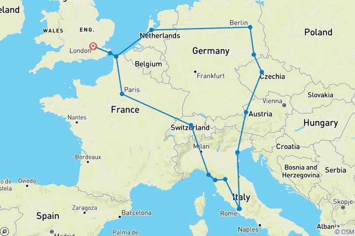 Map of European Encounter (Summer, Start London, Classic, 16 Days)