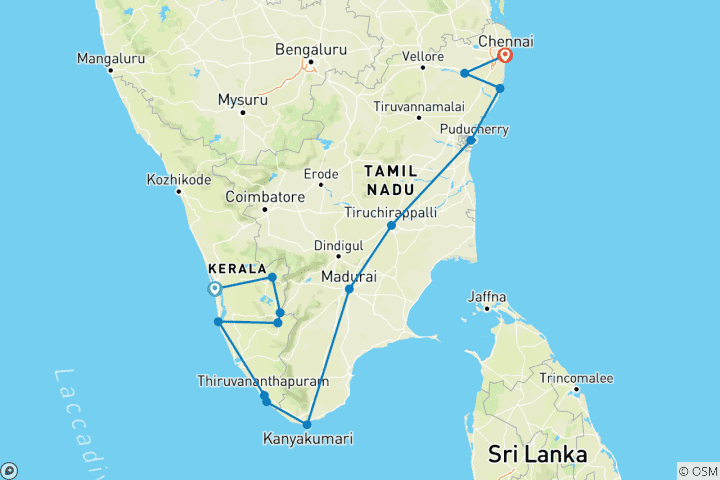 Map of Tour to South India