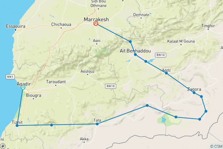 Mapa de Circuito privado de 4 días de Agadir a Marrakech con noche en campamento de lujo en el desierto de Erg Chegaga - circuito privado