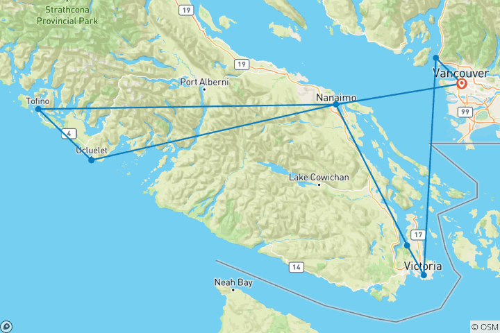 Kaart van Vancouver – een avontuurlijke rondreis naar de eilanden – Vancouver, Victoria, Ucluelet, Tofino & Nanaimo – 4 dagen