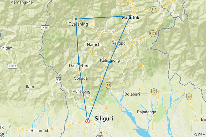 Mapa de Encantos del noreste - Sikkim y Bengala - Un viaje económico