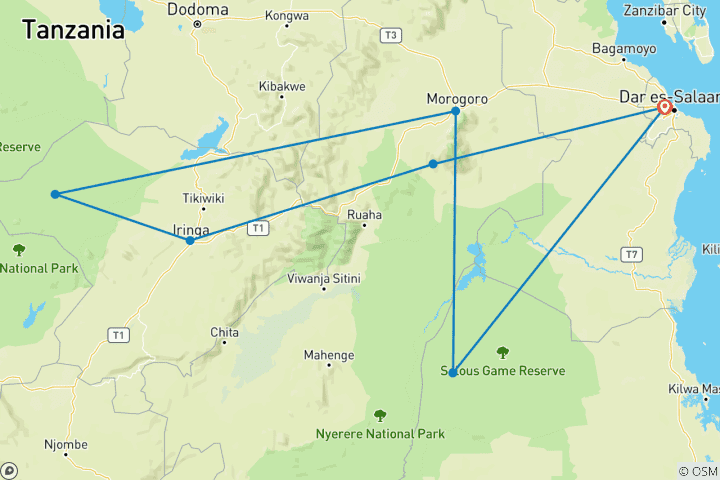 Map of 8 Days Mikumi NP, Ruaha NP and Nyerere NP (Selous GR) the best of Southern Tanzania.