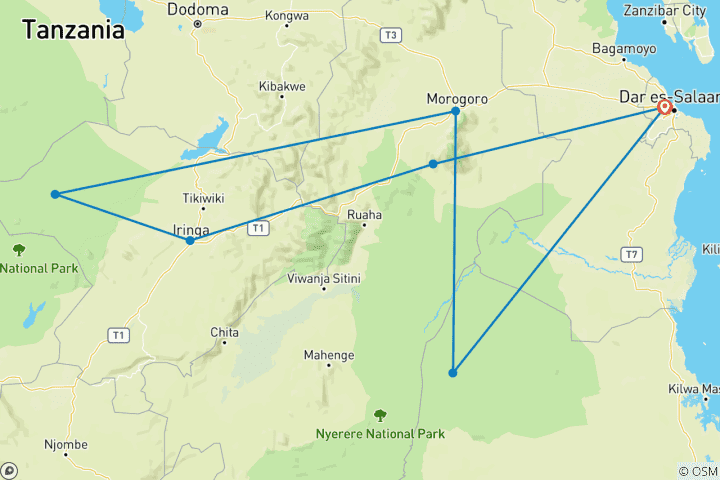 Map of 8 Days Mikumi NP, Ruaha NP and Nyerere NP (Selous GR) the best of Southern Tanzania.