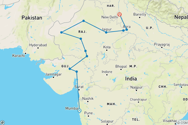 Karte von Bezauberndes Rajasthan mit Gujarat