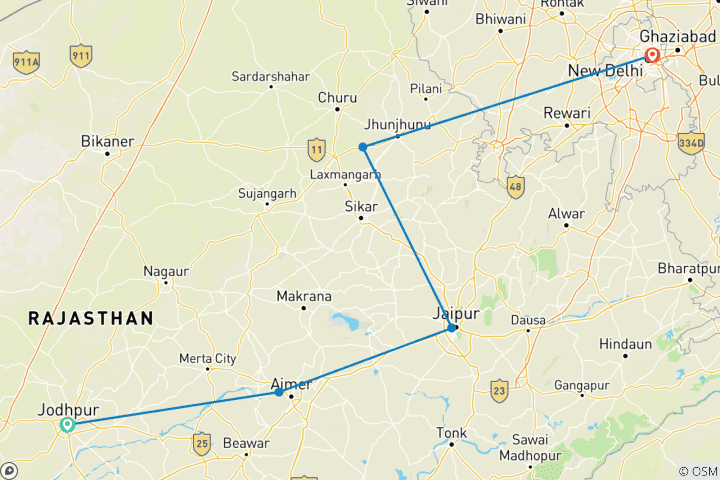 Mapa de Ciudades reales de Rajastán: un circuito de Jodhpur a Delhi