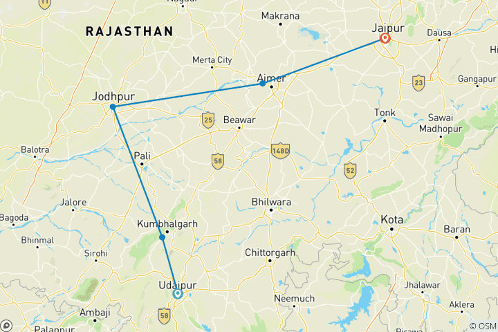 Kaart van Paleisachtige wonderen – GrandagenRondreis door van Udaipur naar Jaipur